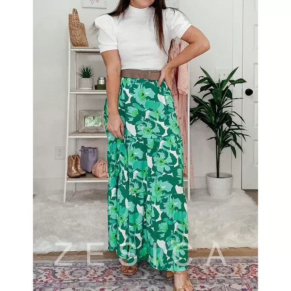 imageZESICA Womens 2024 Summer Plaid Flower Print Elastic High Waist Flowy A Line Maxi Skirt with PocketsViridis