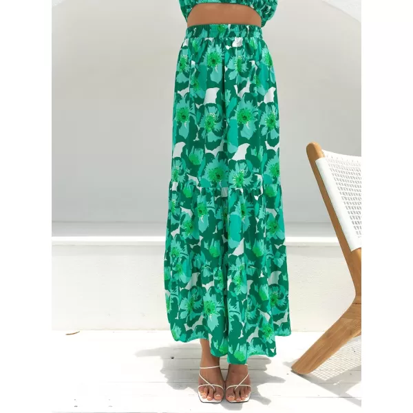 imageZESICA Womens 2024 Summer Plaid Flower Print Elastic High Waist Flowy A Line Maxi Skirt with PocketsViridis