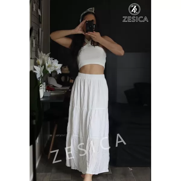imageZESICA Womens 2024 Summer Plaid Flower Print Elastic High Waist Flowy A Line Maxi Skirt with PocketsWhite