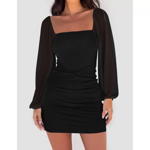 imageZESICA Womens 2024 Summer Puff Long Sleeve Square Neck Ruched Bodycon Cocktail Party Club Short Mini DressBlack