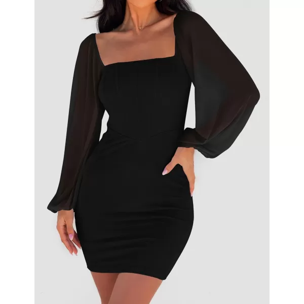 imageZESICA Womens 2024 Summer Puff Long Sleeve Square Neck Ruched Bodycon Cocktail Party Club Short Mini DressBlack