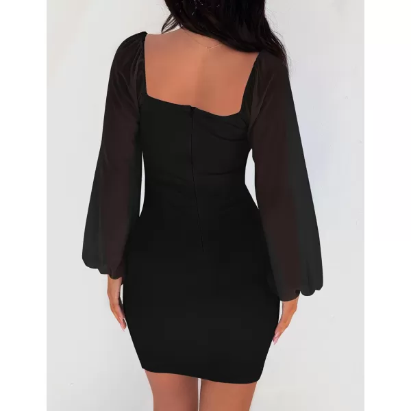 imageZESICA Womens 2024 Summer Puff Long Sleeve Square Neck Ruched Bodycon Cocktail Party Club Short Mini DressBlack
