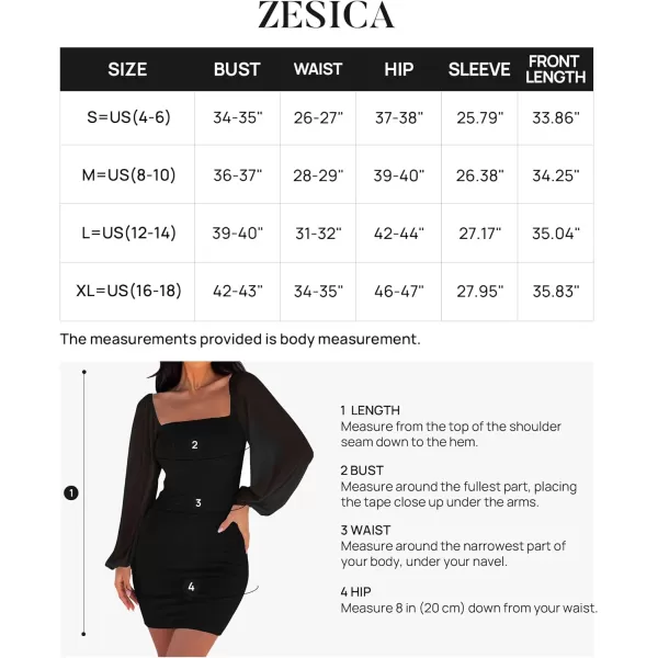 imageZESICA Womens 2024 Summer Puff Long Sleeve Square Neck Ruched Bodycon Cocktail Party Club Short Mini DressBlack