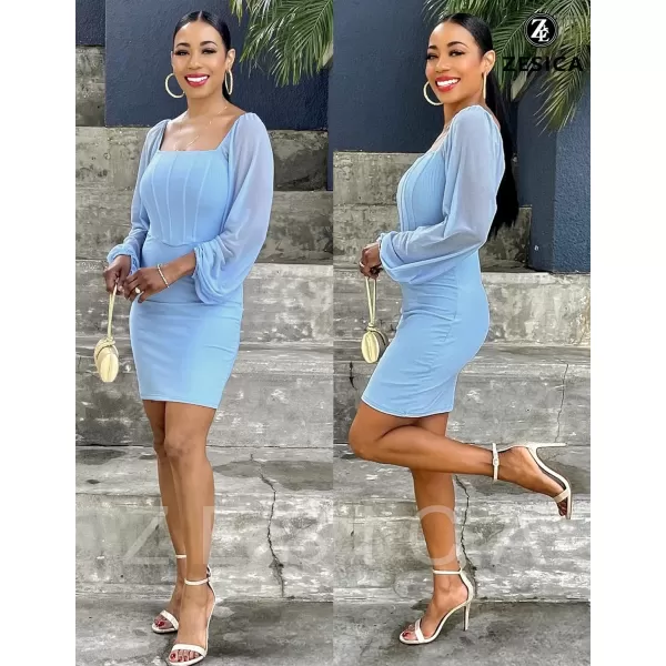 imageZESICA Womens 2024 Summer Puff Long Sleeve Square Neck Ruched Bodycon Cocktail Party Club Short Mini DressLightblue