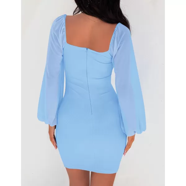 imageZESICA Womens 2024 Summer Puff Long Sleeve Square Neck Ruched Bodycon Cocktail Party Club Short Mini DressLightblue