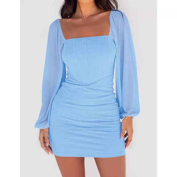 imageZESICA Womens 2024 Summer Puff Long Sleeve Square Neck Ruched Bodycon Cocktail Party Club Short Mini DressLightblue