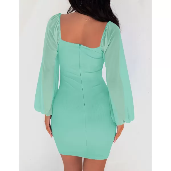 imageZESICA Womens 2024 Summer Puff Long Sleeve Square Neck Ruched Bodycon Cocktail Party Club Short Mini DressMint