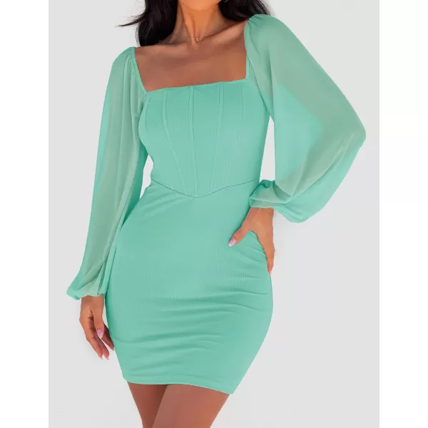 imageZESICA Womens 2024 Summer Puff Long Sleeve Square Neck Ruched Bodycon Cocktail Party Club Short Mini DressMint