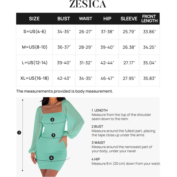 imageZESICA Womens 2024 Summer Puff Long Sleeve Square Neck Ruched Bodycon Cocktail Party Club Short Mini DressMint