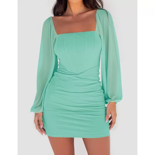 imageZESICA Womens 2024 Summer Puff Long Sleeve Square Neck Ruched Bodycon Cocktail Party Club Short Mini DressMint