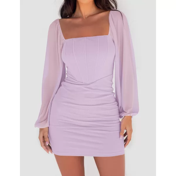 imageZESICA Womens 2024 Summer Puff Long Sleeve Square Neck Ruched Bodycon Cocktail Party Club Short Mini DressPurple