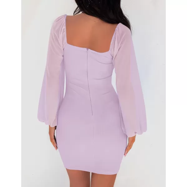 imageZESICA Womens 2024 Summer Puff Long Sleeve Square Neck Ruched Bodycon Cocktail Party Club Short Mini DressPurple