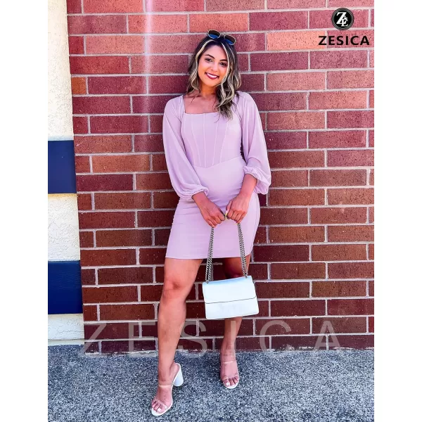 imageZESICA Womens 2024 Summer Puff Long Sleeve Square Neck Ruched Bodycon Cocktail Party Club Short Mini DressPurple