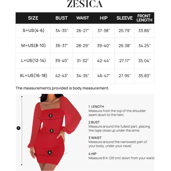 imageZESICA Womens 2024 Summer Puff Long Sleeve Square Neck Ruched Bodycon Cocktail Party Club Short Mini DressRed