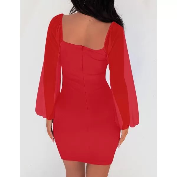 imageZESICA Womens 2024 Summer Puff Long Sleeve Square Neck Ruched Bodycon Cocktail Party Club Short Mini DressRed