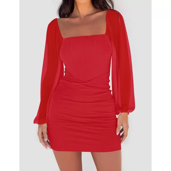 imageZESICA Womens 2024 Summer Puff Long Sleeve Square Neck Ruched Bodycon Cocktail Party Club Short Mini DressRed