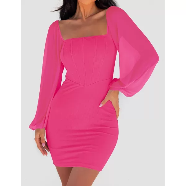 imageZESICA Womens 2024 Summer Puff Long Sleeve Square Neck Ruched Bodycon Cocktail Party Club Short Mini DressRose