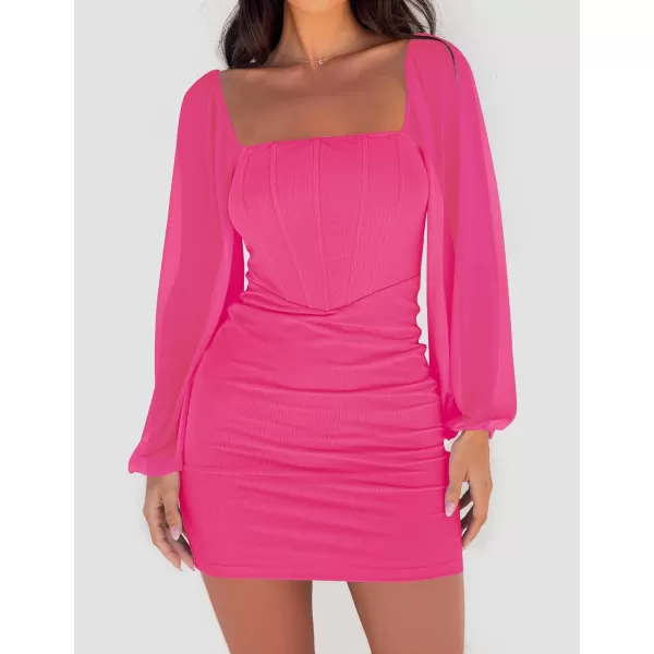 imageZESICA Womens 2024 Summer Puff Long Sleeve Square Neck Ruched Bodycon Cocktail Party Club Short Mini DressRose