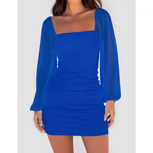 imageZESICA Womens 2024 Summer Puff Long Sleeve Square Neck Ruched Bodycon Cocktail Party Club Short Mini DressRoyalblue