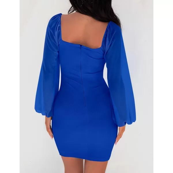 imageZESICA Womens 2024 Summer Puff Long Sleeve Square Neck Ruched Bodycon Cocktail Party Club Short Mini DressRoyalblue