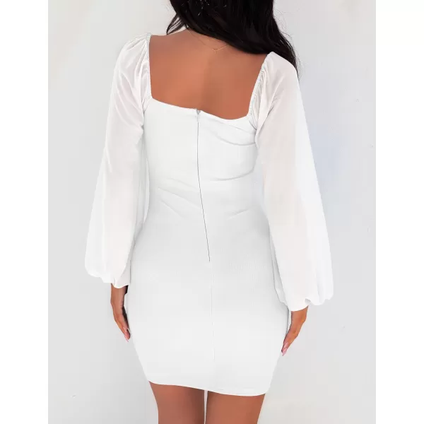 imageZESICA Womens 2024 Summer Puff Long Sleeve Square Neck Ruched Bodycon Cocktail Party Club Short Mini DressWhite