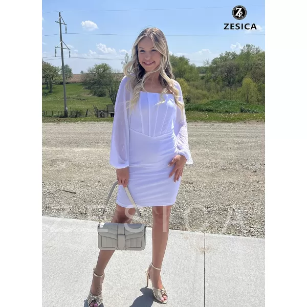 imageZESICA Womens 2024 Summer Puff Long Sleeve Square Neck Ruched Bodycon Cocktail Party Club Short Mini DressWhite