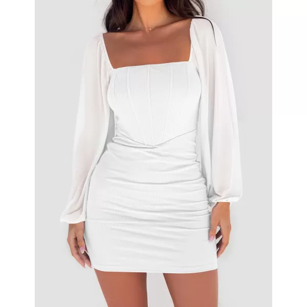 imageZESICA Womens 2024 Summer Puff Long Sleeve Square Neck Ruched Bodycon Cocktail Party Club Short Mini DressWhite