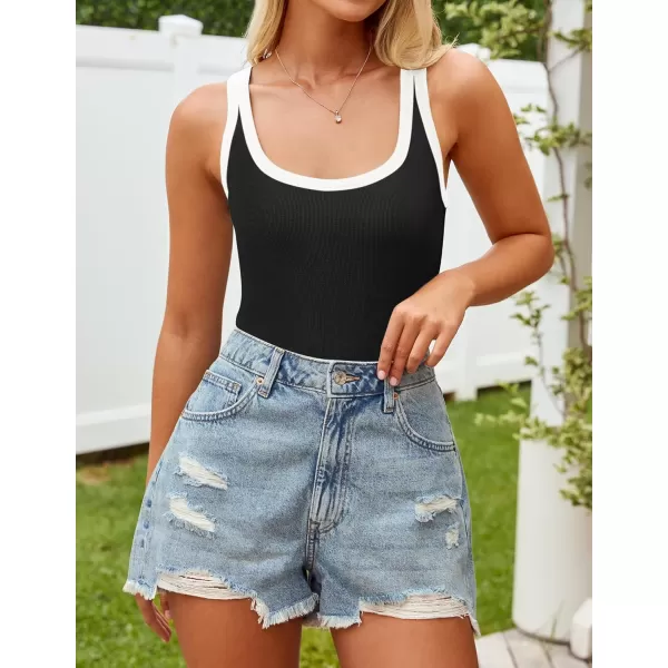 imageZESICA Womens 2024 Summer Ribbed Color Block Tank Tops Casual Knit Scoop Neck Sleeveless ShirtsBlack