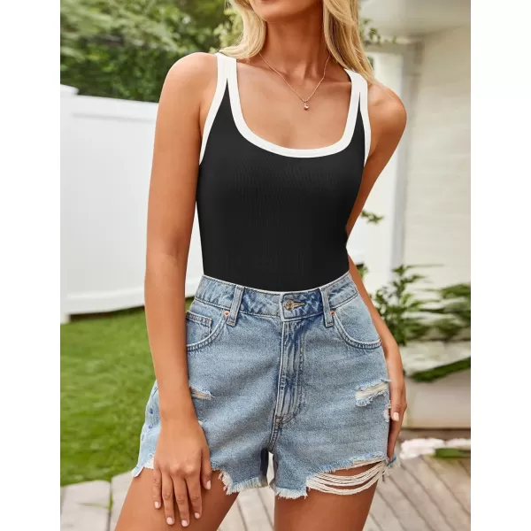 imageZESICA Womens 2024 Summer Ribbed Color Block Tank Tops Casual Knit Scoop Neck Sleeveless ShirtsBlack
