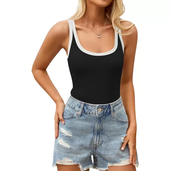 imageZESICA Womens 2024 Summer Ribbed Color Block Tank Tops Casual Knit Scoop Neck Sleeveless ShirtsBlack