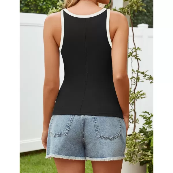 imageZESICA Womens 2024 Summer Ribbed Color Block Tank Tops Casual Knit Scoop Neck Sleeveless ShirtsBlack