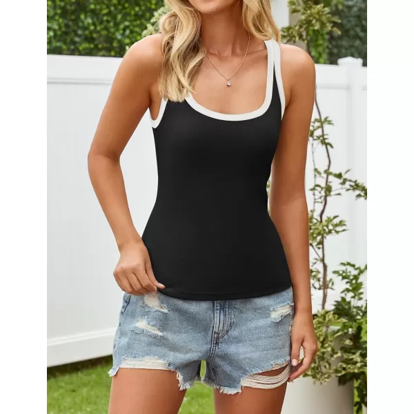 imageZESICA Womens 2024 Summer Ribbed Color Block Tank Tops Casual Knit Scoop Neck Sleeveless ShirtsBlack