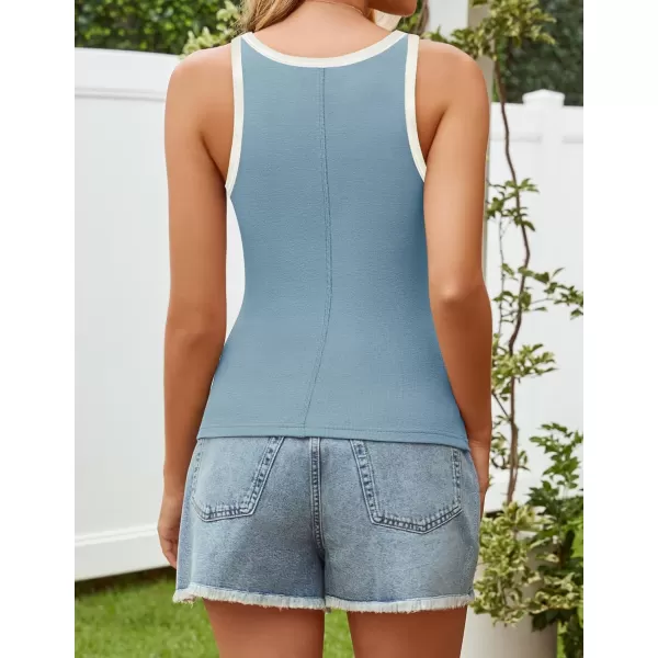 imageZESICA Womens 2024 Summer Ribbed Color Block Tank Tops Casual Knit Scoop Neck Sleeveless ShirtsBlue