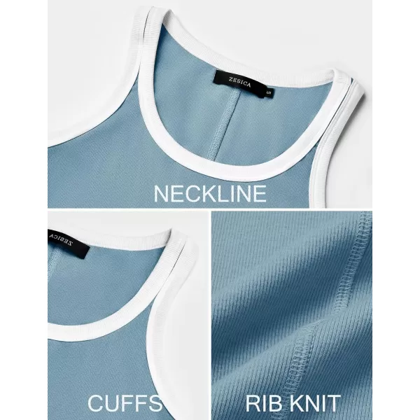 imageZESICA Womens 2024 Summer Ribbed Color Block Tank Tops Casual Knit Scoop Neck Sleeveless ShirtsBlue