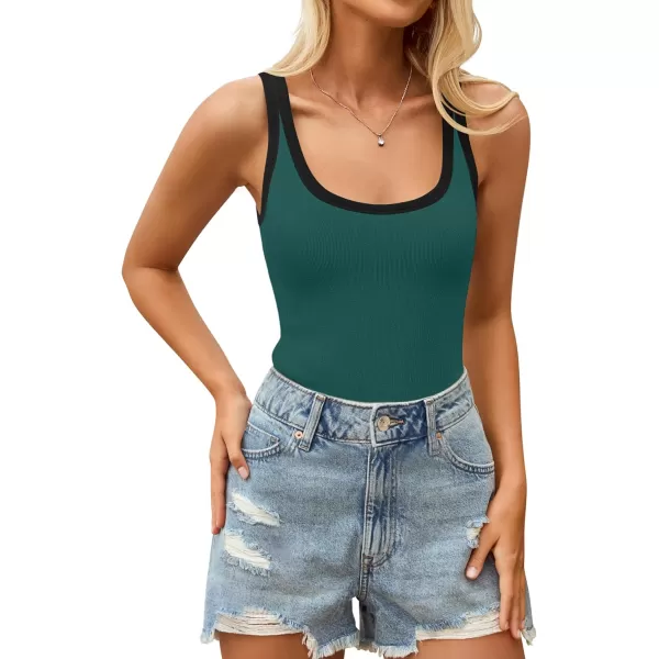 imageZESICA Womens 2024 Summer Ribbed Color Block Tank Tops Casual Knit Scoop Neck Sleeveless ShirtsDark Green