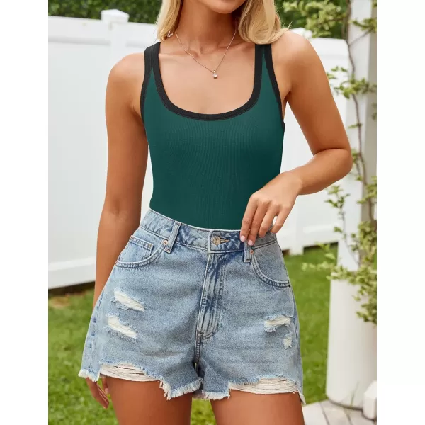 imageZESICA Womens 2024 Summer Ribbed Color Block Tank Tops Casual Knit Scoop Neck Sleeveless ShirtsDark Green