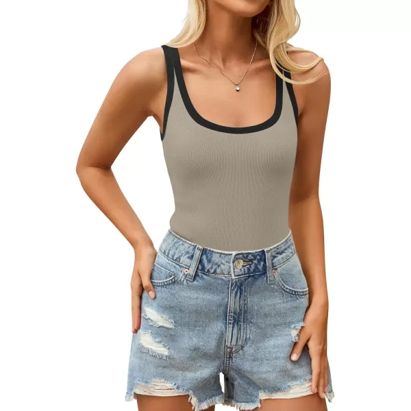 imageZESICA Womens 2024 Summer Ribbed Color Block Tank Tops Casual Knit Scoop Neck Sleeveless ShirtsKhaki