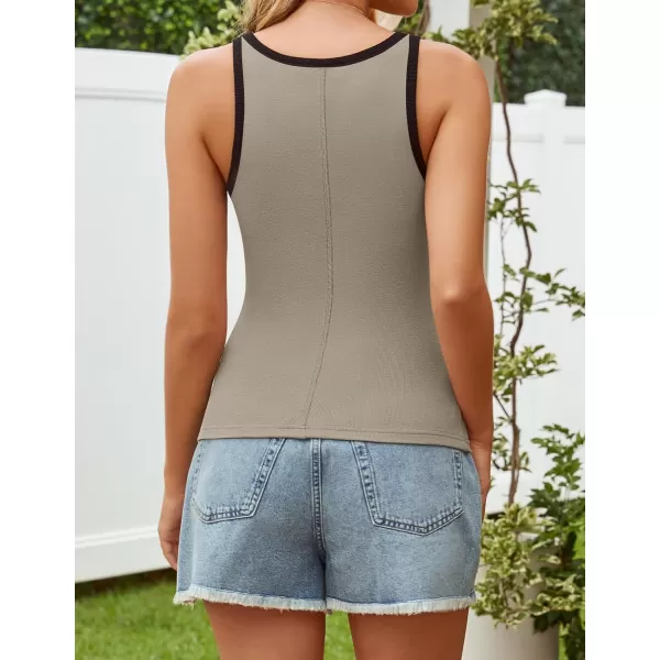 imageZESICA Womens 2024 Summer Ribbed Color Block Tank Tops Casual Knit Scoop Neck Sleeveless ShirtsKhaki