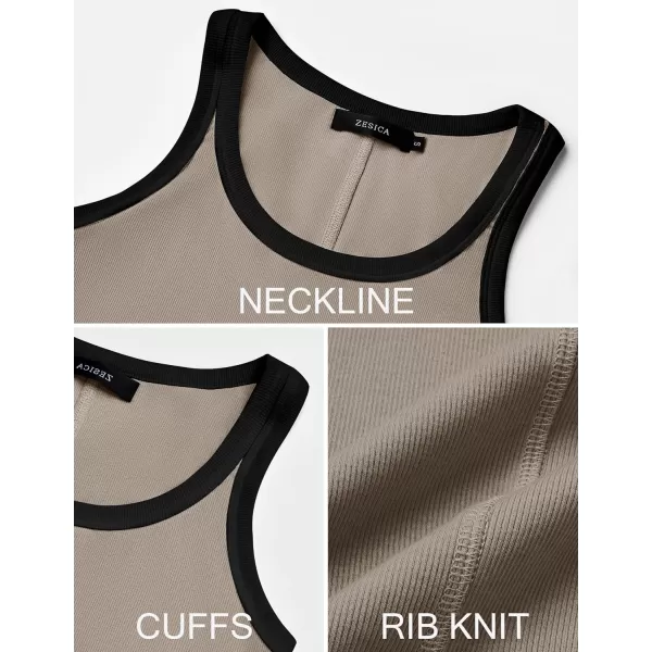 imageZESICA Womens 2024 Summer Ribbed Color Block Tank Tops Casual Knit Scoop Neck Sleeveless ShirtsKhaki