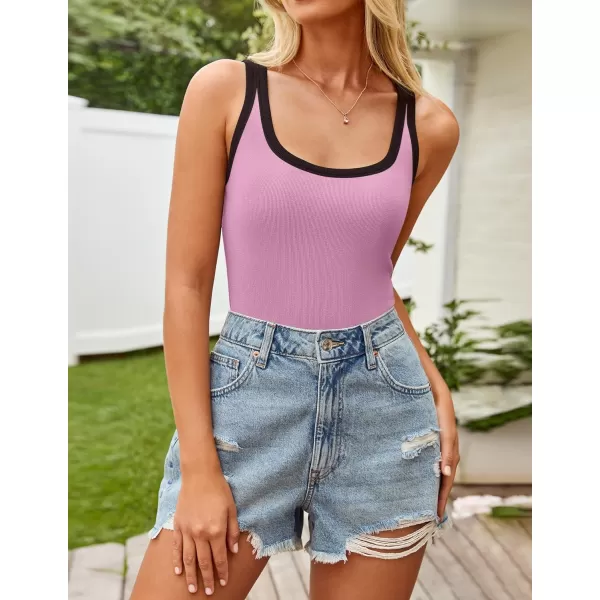 imageZESICA Womens 2024 Summer Ribbed Color Block Tank Tops Casual Knit Scoop Neck Sleeveless ShirtsPink Purple