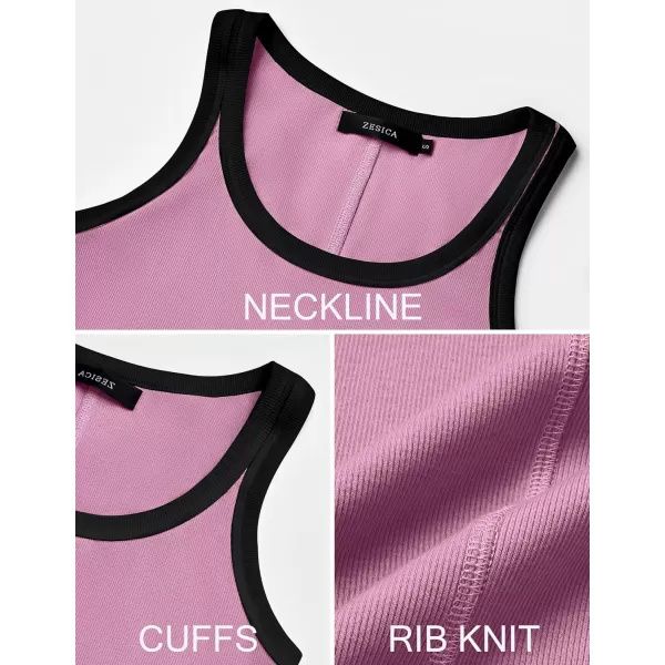 imageZESICA Womens 2024 Summer Ribbed Color Block Tank Tops Casual Knit Scoop Neck Sleeveless ShirtsPink Purple