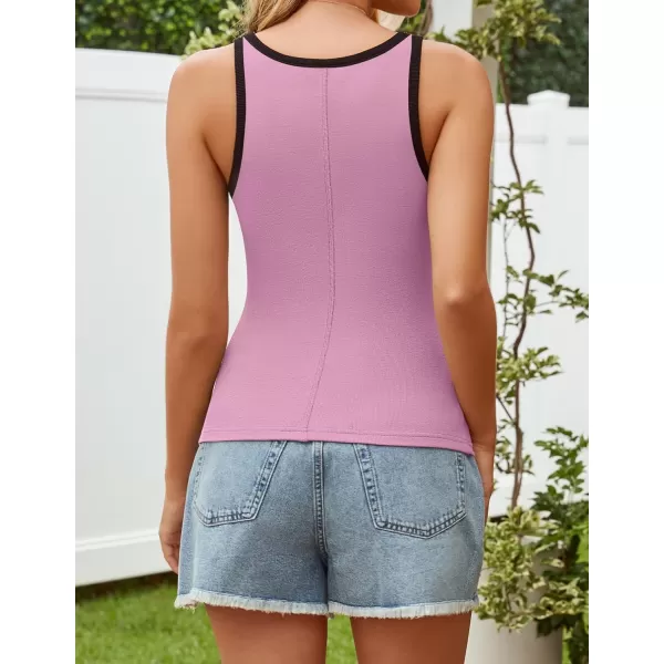 imageZESICA Womens 2024 Summer Ribbed Color Block Tank Tops Casual Knit Scoop Neck Sleeveless ShirtsPink Purple