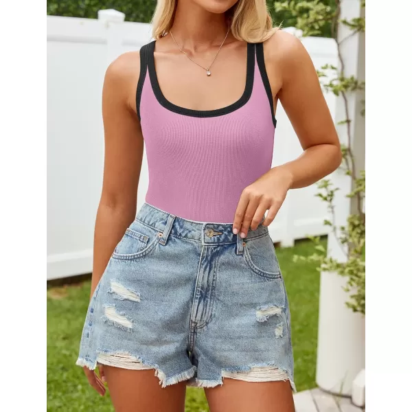 imageZESICA Womens 2024 Summer Ribbed Color Block Tank Tops Casual Knit Scoop Neck Sleeveless ShirtsPink Purple