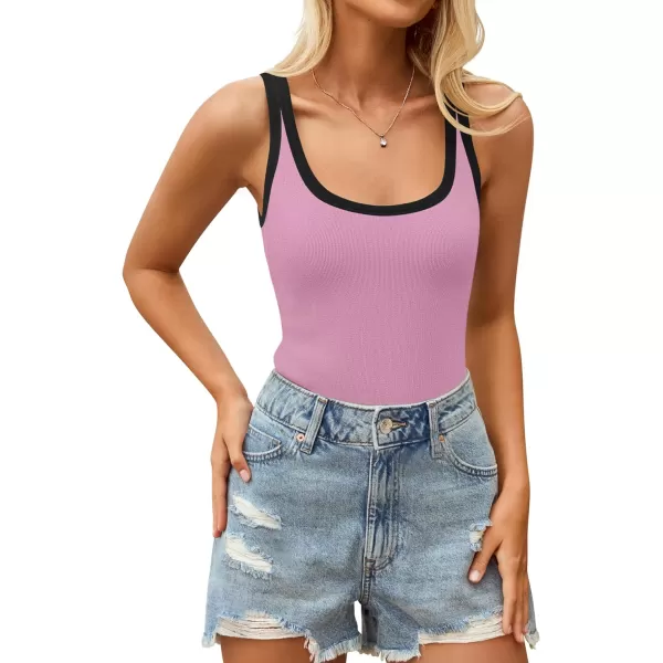 imageZESICA Womens 2024 Summer Ribbed Color Block Tank Tops Casual Knit Scoop Neck Sleeveless ShirtsPink Purple