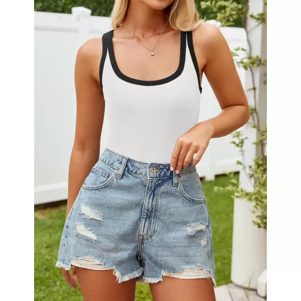 imageZESICA Womens 2024 Summer Ribbed Color Block Tank Tops Casual Knit Scoop Neck Sleeveless ShirtsWhite