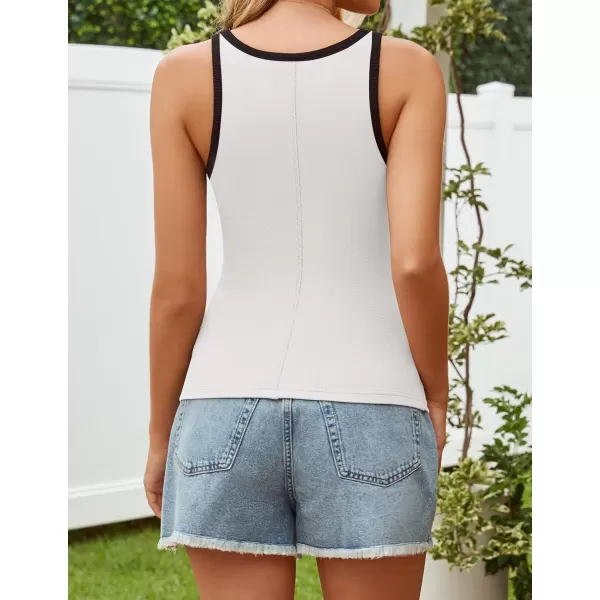 imageZESICA Womens 2024 Summer Ribbed Color Block Tank Tops Casual Knit Scoop Neck Sleeveless ShirtsWhite