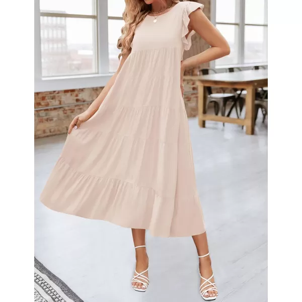 imageZESICA Womens 2024 Summer Ruffle Cap Sleeve Crewneck Casual Loose Flowy Pleated Tiered Midi Dresses with PocketsApricot