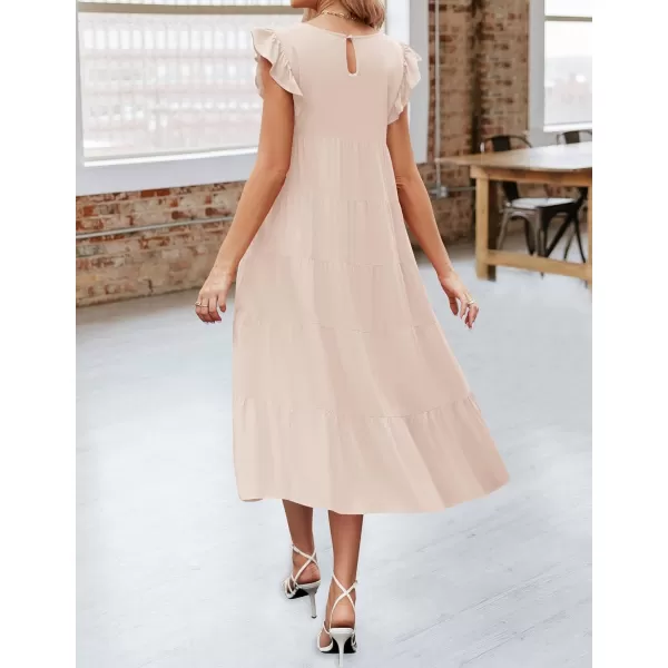 imageZESICA Womens 2024 Summer Ruffle Cap Sleeve Crewneck Casual Loose Flowy Pleated Tiered Midi Dresses with PocketsApricot