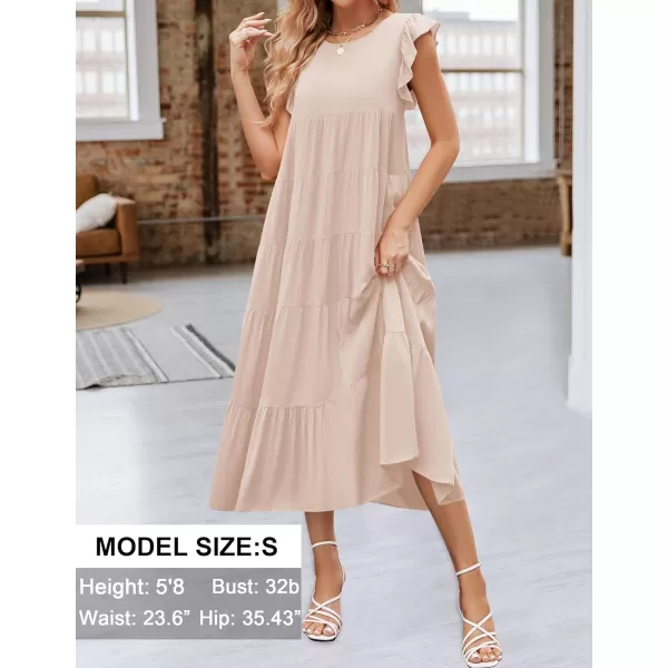 imageZESICA Womens 2024 Summer Ruffle Cap Sleeve Crewneck Casual Loose Flowy Pleated Tiered Midi Dresses with PocketsApricot