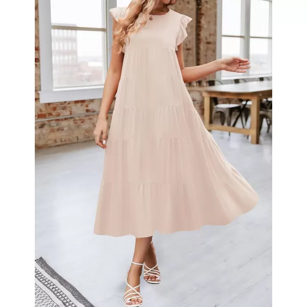 imageZESICA Womens 2024 Summer Ruffle Cap Sleeve Crewneck Casual Loose Flowy Pleated Tiered Midi Dresses with PocketsApricot